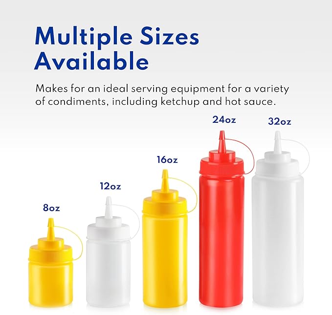 New Star Foodservice 26238 Squeeze Bottles, Plastic, Wide Mouth, 24 oz, Clear, Pack of 6