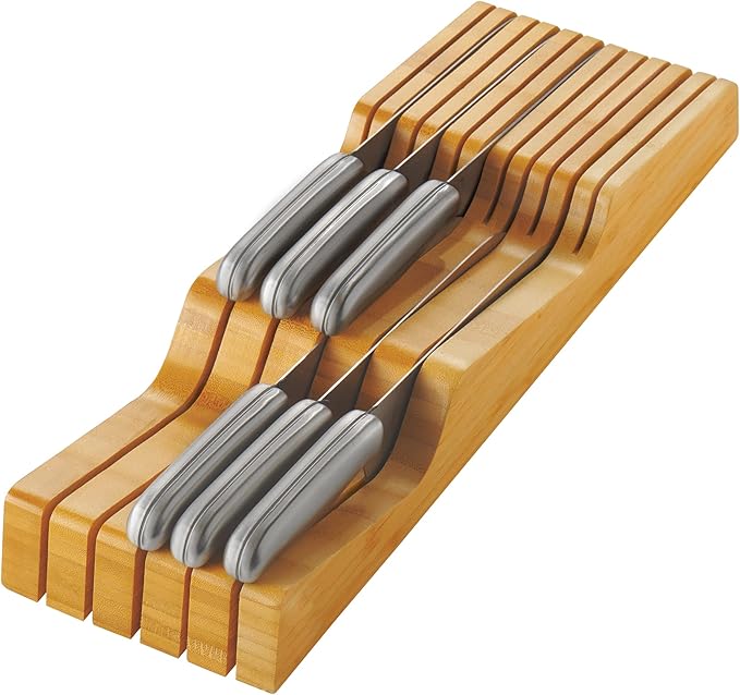 In-Drawer Knife Block - Bamboo Knife Drawer Organizer for Kitchen - Fits 5 Long + 6 Short Knives - Store Knives with Blades Pointing Down - Wooden Steak knife Holder without Knives - Chef Gift Idea