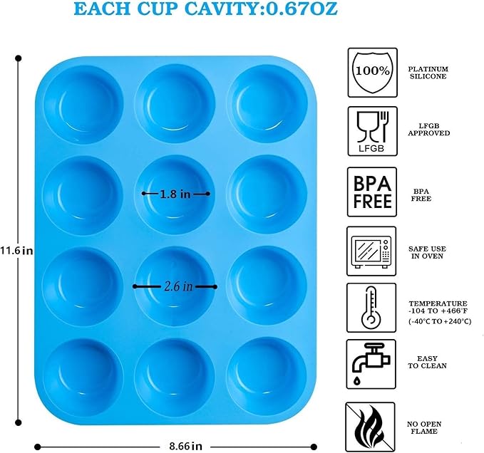 JEWOSTER 12 Cups Silicone Muffin Pan 2 Pack - Cupcake Pan Nonstick Silicone Molds Great for Making Muffin Cakes,Bread, Tart - BPA Free Baking Accessory
