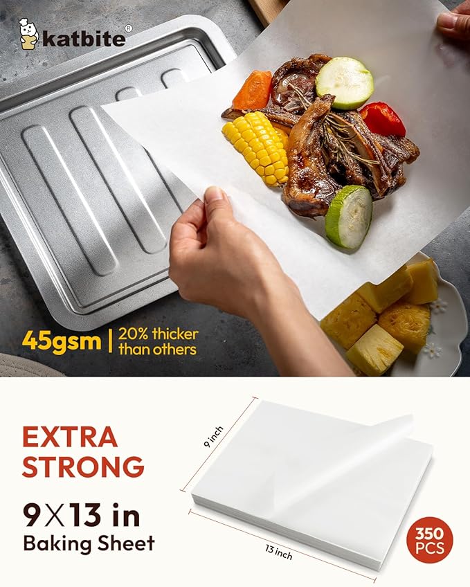 Katbite 350Pcs 9x13 In Parchment Paper Sheets, Heavy Duty White Baking Paper, Non-stick & Oil Proof for Oven, Air Fryer, Grilling, Steaming and Cooking Bread [Advanced Series]
