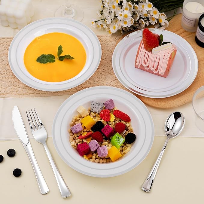 50 Pack Disposable Soup Bowls with Silver Rim, 12oz Premium Heavy Duty Plastic Dinner Bowls for Party, Wedding and Holiday