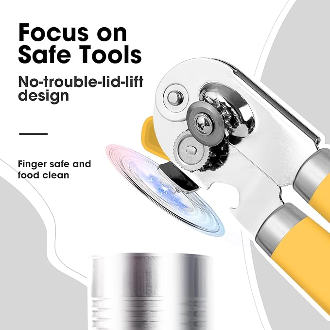 Beneno Heavy Duty Hand Can Opener Manual with Magnet, Durable Sharp Carbon Steel Blade Smooth Cutting, Big Effort-Saving Knob, Soft Grip Handle, Multifunctional Kitchen Tool with Bottle Opener, Yellow