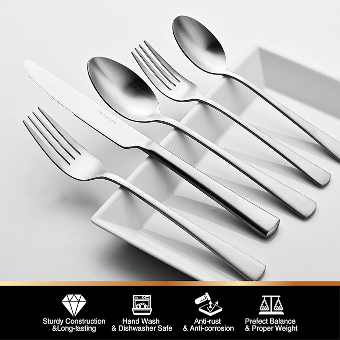 KINGSTONE Forged Silverware Set, 20 Piece Flatware Set for 4, 18/10 Stainless Steel Silverware Matte Satin Finish Dishwasher Safe
