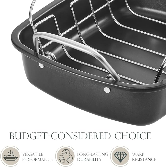 KITESSENSU Nonstick Turkey Roasting Pan with Rack 17 x 14 inch - Large Chicken Roaster Pan for Oven - Wider Handles & Heavy Duty Construction - Suitable for 24lb Turkey, Gray