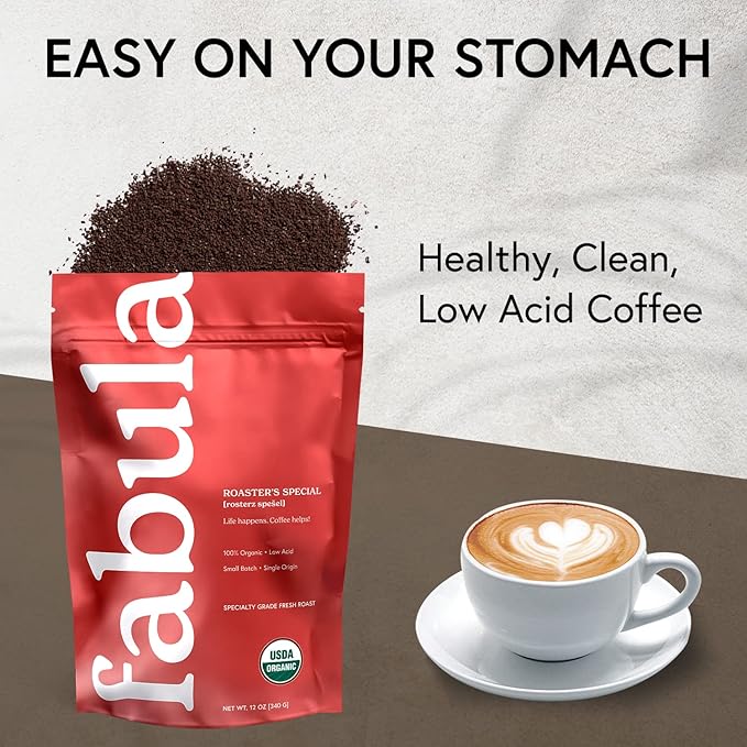 Fabula Coffee Half-Caff Medium Roast Freshly Ground - Organic - Low Acid - Single Origin - Non-GMO - Mold Free - 12 Ounces …
