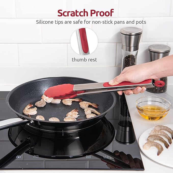 Heat Resistant Silicone Kitchen Tong: U-Taste 12 inch Large 480ºF Hot Proof Cooking Tong with Sturdy Non Stick Rubber Tips & Silicon Coated Steel Handle & Smooth Locking for Serving Grill Salad (Red)
