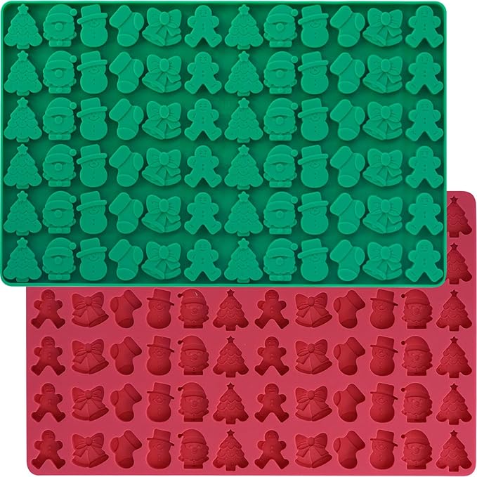 HKNMTT Mini Christmas Candy Molds, Silicone 72 Cavity Chocolate Mold, Tree Santa Snowman Stocking Bell Gingerbread Shape Gummy Making Set, Food Grade for Gifts Cookies Dog Treats