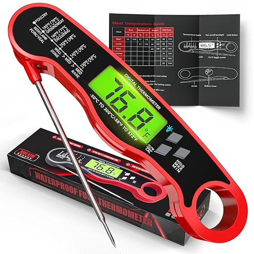 Meat Thermometer Digital - Instant Read Waterproof Food Thermometer with Backlight for Cooking, Grill, Candy, Kitchen & Stocking Stuffers for Men - Red