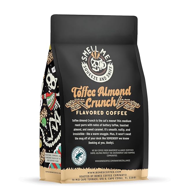 Bones Coffee Company Toffee Almond Crunch, Toffee Almond Flavored Coffee, Medium Roast Low Acid Arabica Beans Compatible with Auto drip and French Press Coffee Maker, 12 Oz Ground