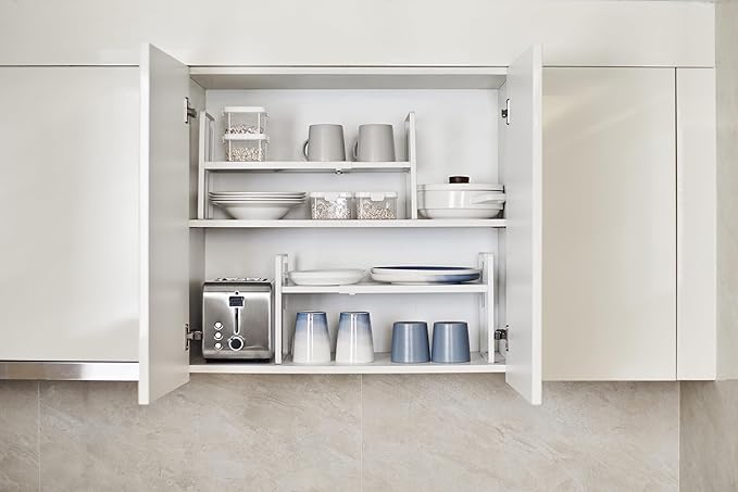 Nxconsu Cabinet Shelf Expandable Height Adjustable Shelf Organizer Riser for Kitchen Cabinet Pantry Cupboard Under Sink Countertop Organization Storage Space Saver Stackable Heavy Duty Metal White XXL