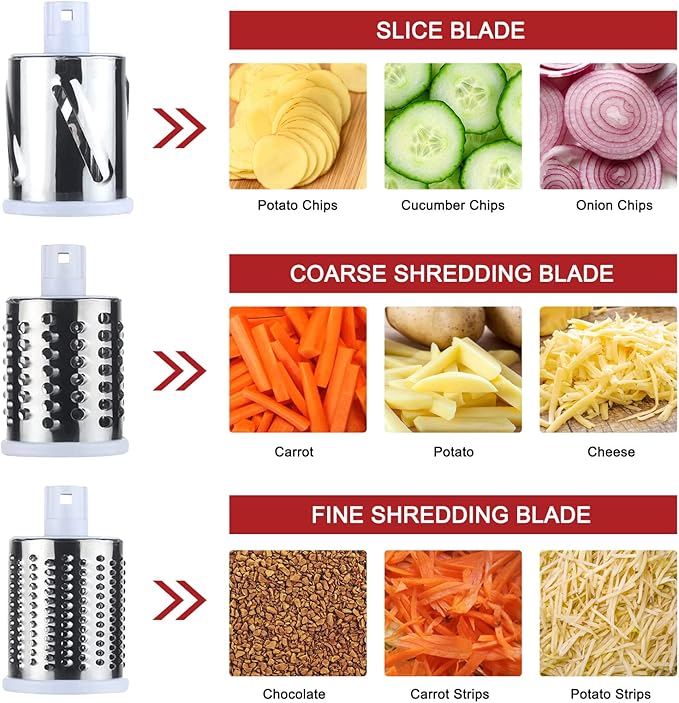 3rd Generation Rotary Cheese Grater, Mandoline Vegetable Slicer with 3 Replacement Blades, Easy to Clean Rotary Shredder for Fruit, Vegetables, Red
