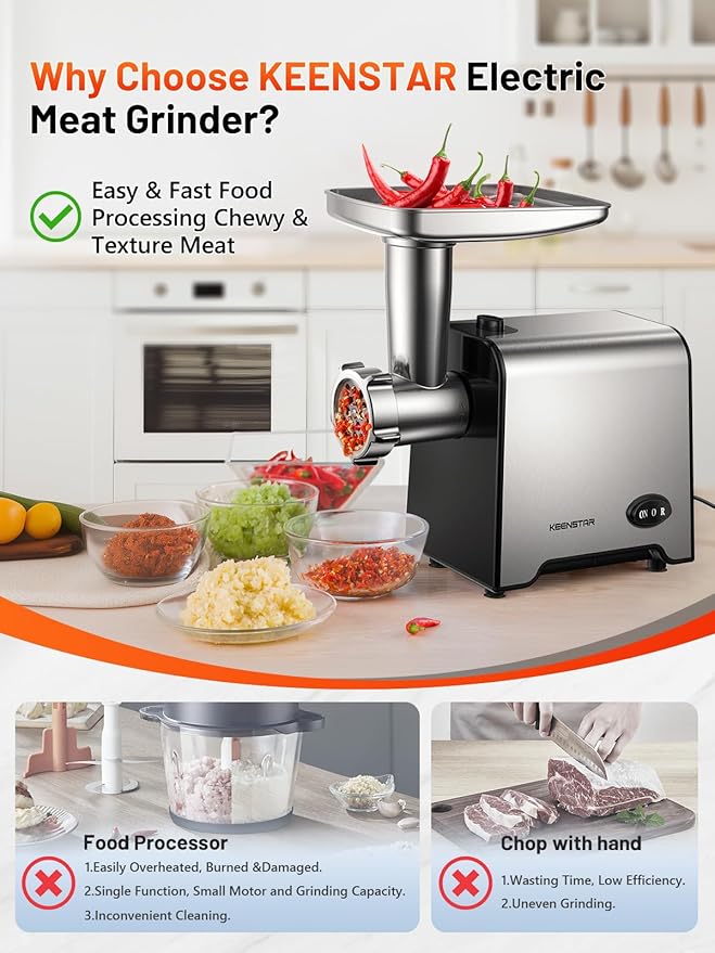 KEENSTAR 3000W Max Heavy Duty Electric Meat Grinder with Sausage Stuffer Maker & Kubbe Kit, Food Grinder with Blade & 3 Plates, Stainless Steel Meat Mincer Machine for Home Kitchen Use