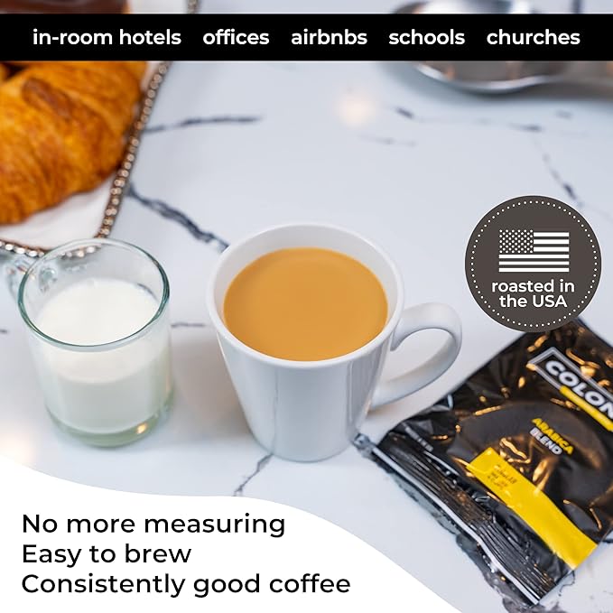 Colonial In-Room Decaf Ground Coffee Filter Packs for Hotel Rooms, Decaffeinated Dark Roast, 0.50 Ounce (Pack of 50), Use with 4-Cup Drip Coffee Machine