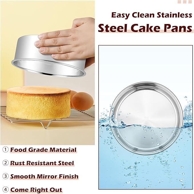 LIANYU Round Cake Pans Set of 2, 6 Inch Round Layer Cake Tins for Baking, Stainless Steel Round Baking Pan, Bakeware for Oven & Dishwasher, Non Toxic & Heavy Duty