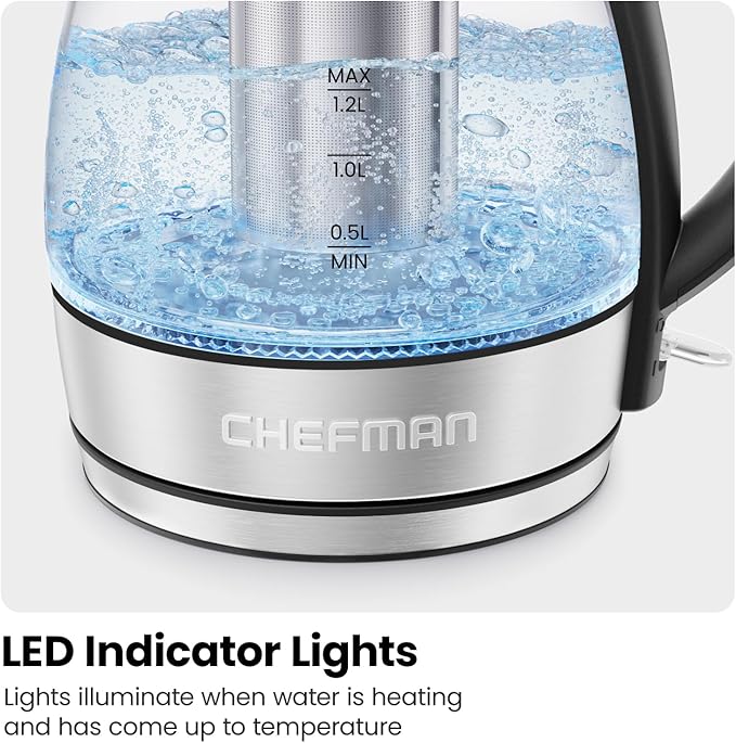 CHEFMAN Electric Kettle - 1.2L 1500W Hot Water Tea Pot with Infuser, BPA Free, Auto Shut Off, Boil-Dry Protection, Removable Lid, LED Light, Cordless Glass Electric Tea Kettle – Stainless Steel