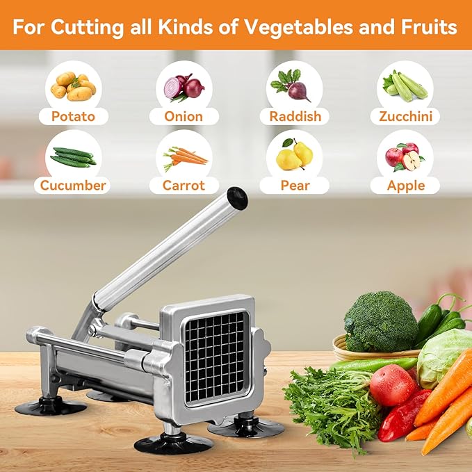 Commercial French Fry Cutter Stainless Steel.Potato Cutter for French Fries with 1/2Inch Blade, Commercial French Fry Cutter Manual Potatoes Cutting Machine with Suction Feet.