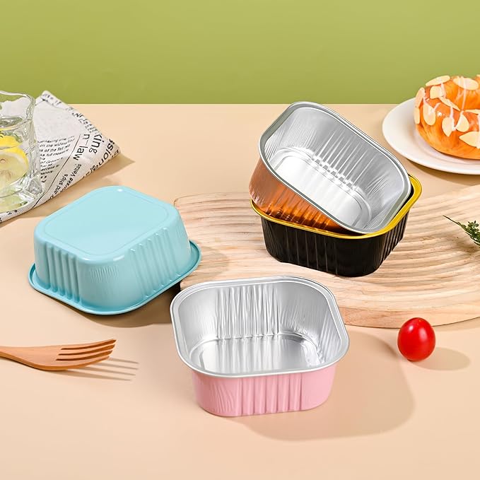 Mini Cake Pans With Lids (10oz,40 Pack) 4”x4” Aluminum Foil Square Cupcake Liners Brownie Baking Cups, Disposable Large Cupcake Pan, Jumbo Muffin Tin Ramekins Holders