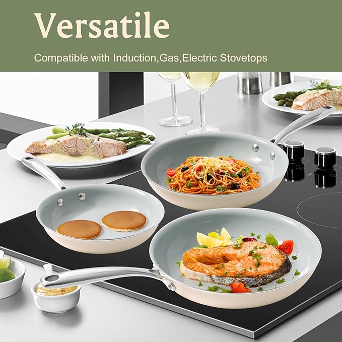 Nonstick Frying Pans Ceramic Skillet: 9.5Inches Non Stick small Egg Fry Pan - PFOA PTFE PFAS Free - Induction,Gas,Electric Compatible