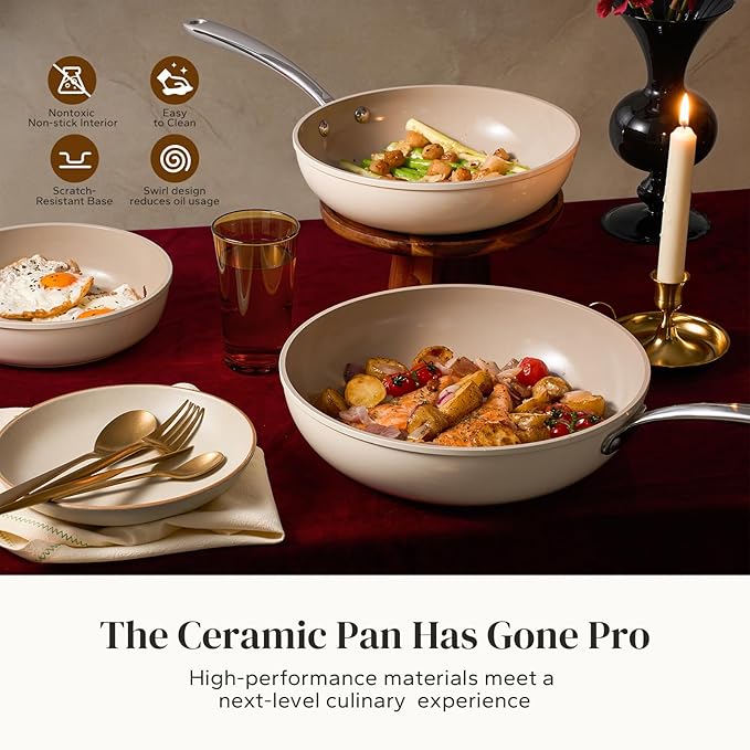 Redchef Ceramic Frying Pans, 4-Piece Non Stick Frying Pans, Non Toxic Skillet with Lid, Ceramic Cookware Set, 8" 9.5" 11" Egg Saute Pan, PFAS & PTFE & PFOA Free, Dishwasher & Oven Safe, Beige White
