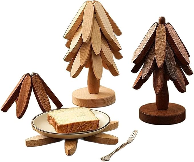 Natural Wood Tree Trivet Set, 𝐍atural Tree Trivet Set - 4 Wooden Trivets,4 Wooden 𝐓rivets & 1 Stand Like a Christmas Trees,for Hot Dish,Pot,Bowl,Teapot,Hot Pot Sets (Walnut Finish 3 Trivets,3set)