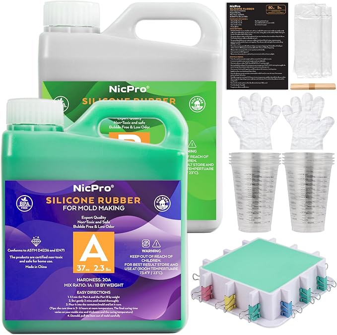 Nicpro 74oz Silicone Mold Making Kit, 20A Platinum Liquid Silicone Rubber, Jade Green Flexible, Silicone Molds Maker Mix Ratio 1:1 for Casting 3D Resins Molds DIY with Molds Housing, Mixing Cups