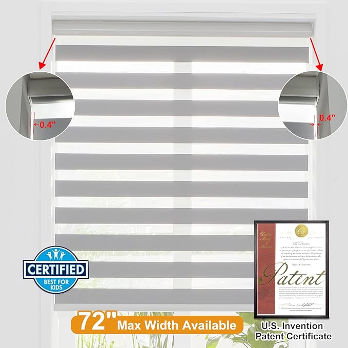 Persilux Cordless Zebra Blinds for Windows (70" W X 47" H, Grey) Free-Stop Windows Shades Dual Layer Light Control for Day and Night, Light Filtering Sheer Shades for Home, Easy to Install