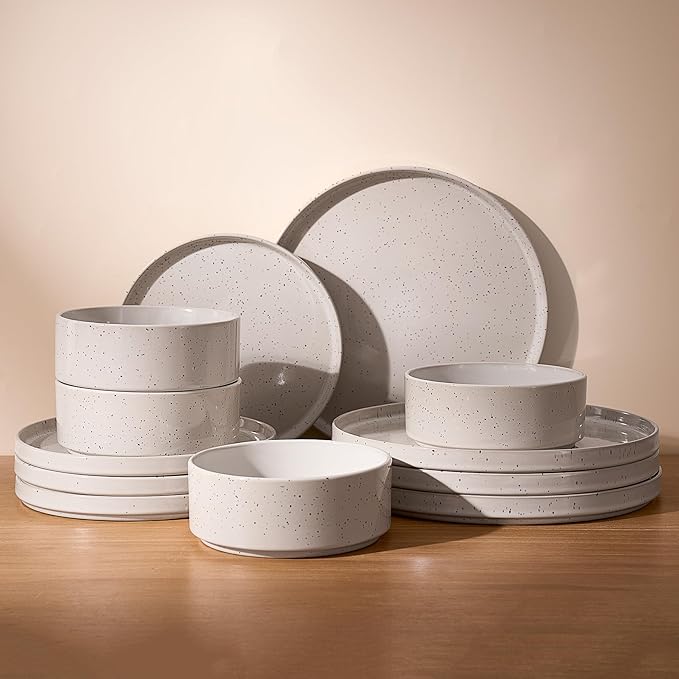 Famiware Nebula Plates and Bowls Sets, 12 Pieces Dinnerware Sets, Dishes Set for 4, Creamy White with Colorful Speckles