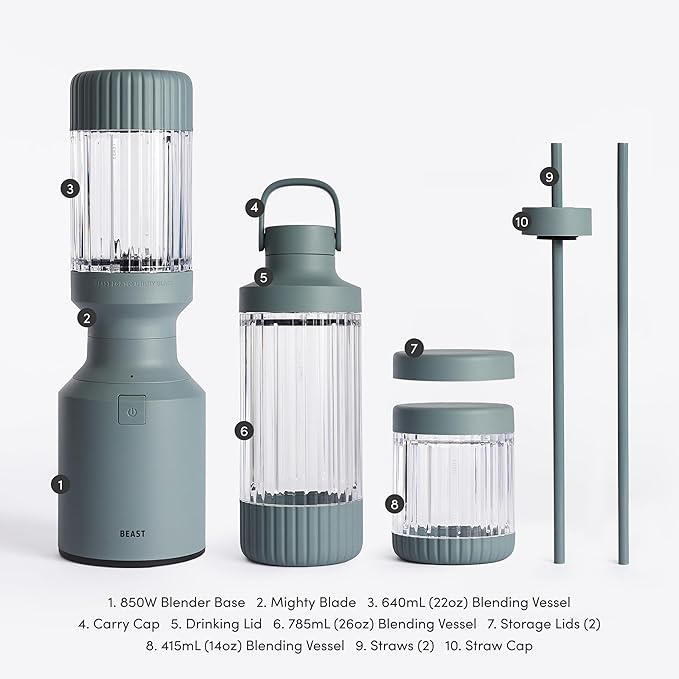 Beast Mighty 850 Plus | Premium Compact Personal Blender | Smoothies, Shakes, Dressings, Sauces | Blends Ice and Frozen Fruit | New XL Vessel | Extra Vessels, Lids and Straws | 850W (Mist)