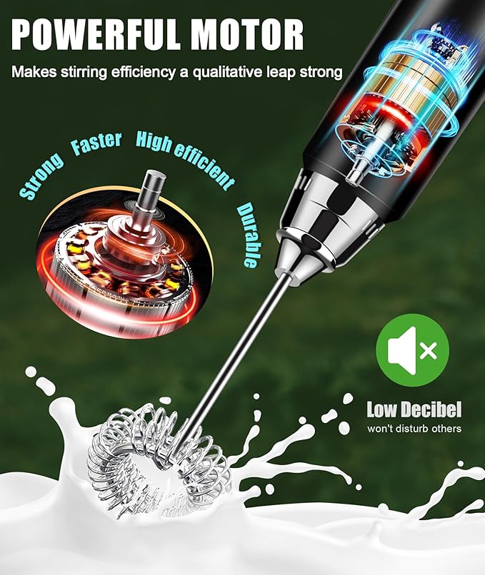YUSWKO Rechargeable Milk Frother Handheld Frother Wand Drink Mixer for Coffee, Electric Whisk 3 Speed Adjustable, Coffee Foamer Maker with 3 Stainless Whisks Ideal Stirrers for Travel - Black