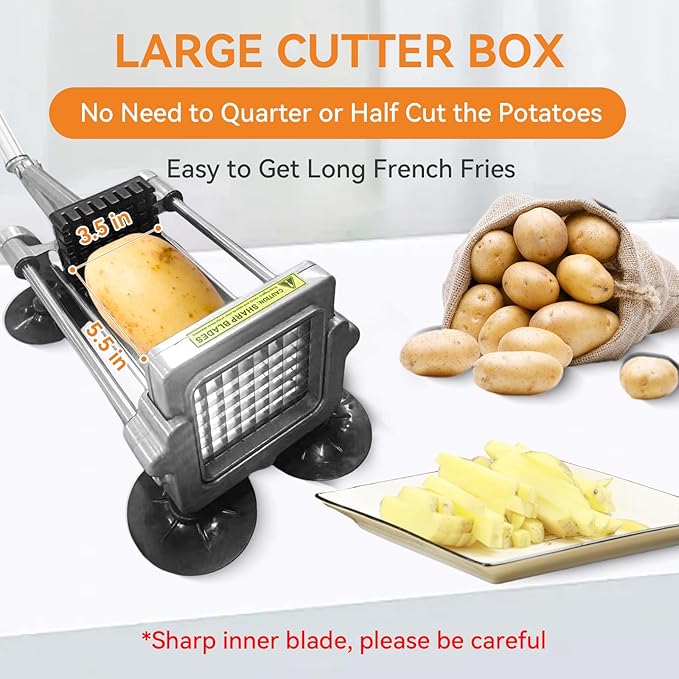 Commercial French Fry Cutter Stainless Steel.Potato Cutter for French Fries with 1/2Inch Blade, Commercial French Fry Cutter Manual Potatoes Cutting Machine with Suction Feet.
