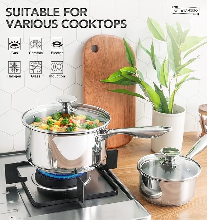 MICHELANGELO Stainless Steel Saucepan Set, 1QT & 3QT Saucepans with Lids, Nonstick Sauce Pan with Lid, Stainless Steel Pot Set 4 Pieces, Dishwasher Safe, Induction Compatible