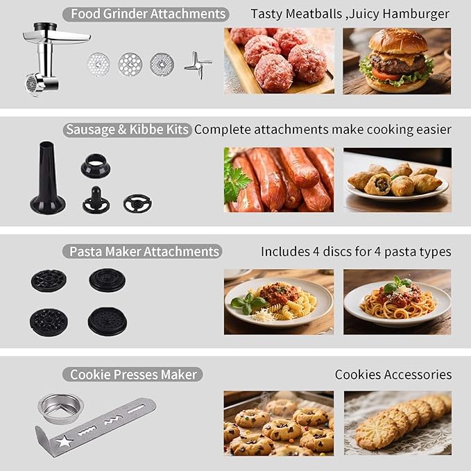 Aifeel Stand Mixer, 8.5QT+ 6QT Two Stainless Steel Bowls Electric Food Mixer, 7 in 1 Multifunctional Kitchen Mixer with Dough Hook, Whisk, Beater, Meat Grinder,Pasta & Cookie Maker-Red