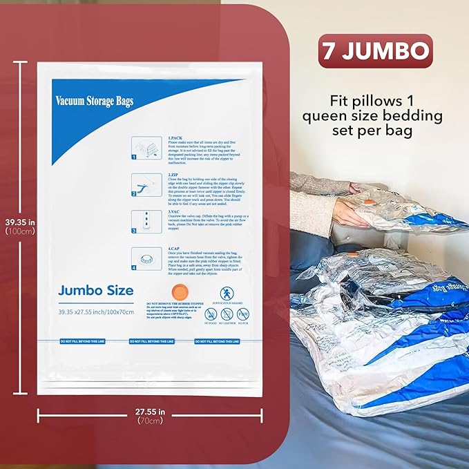 Vacuum Storage Bags 7 Jumbo, Space Saver Sealer Bags,Plastic Packaging Bags,Compression Bags for Clothes, Pillows, Comforters, Blankets, Bedding,No pump included