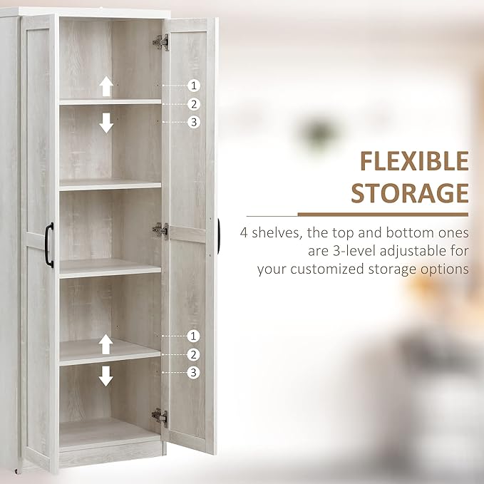HOMCOM 63" 2-Door Kitchen Pantry, Freestanding Storage Cabinet with 5-Tier Shelving and 2 Adjustable Shelves for Dining Room, Antique White