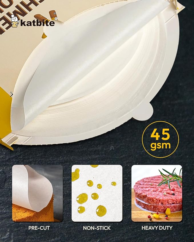 Katbite 12 Inch 200Pcs Parchment Paper Rounds, Round Baking Sheets Paper for Patty Separating, Freezing, Springform Cake Tin, Toaster Oven, Tortilla Press