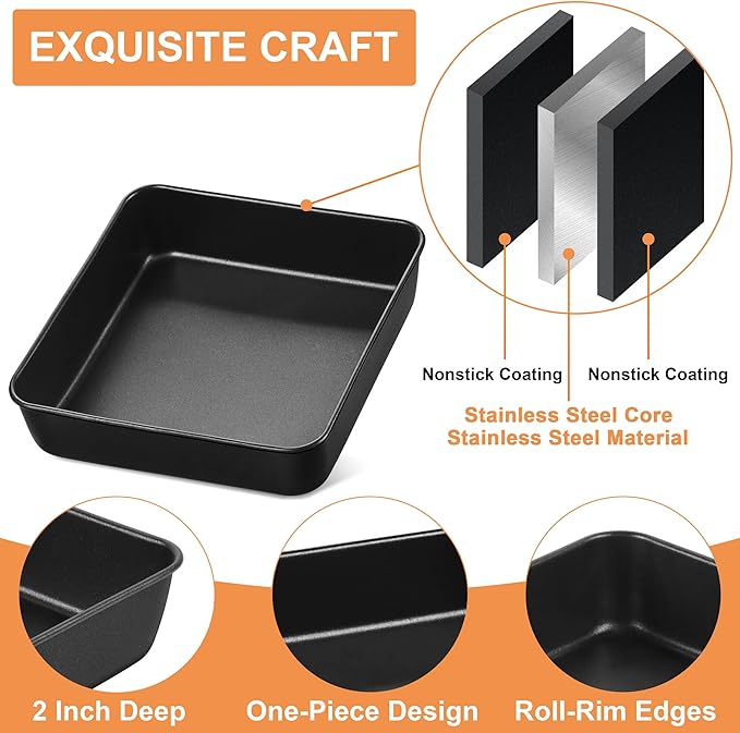 E-far 8x8 Baking Pan, Nonstick Square Cake Pan with Stainless Steel Core, Black Metal Bakeware for Brownies Lasagna Cakes, Non-toxic & Easy Clean, 2 Inch Deep