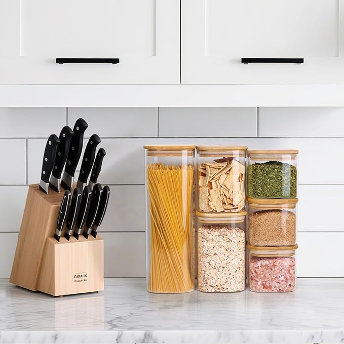 ComSaf Glass Spaghetti Pasta Storage Containers with Lids 2.2 Qt Set of 3, Tall Clear Airtight Food Storage Jar with Lid for Noodles Flour Oat Cereal Sugar Beans, Sqaure Spaghetti Pantry Containers