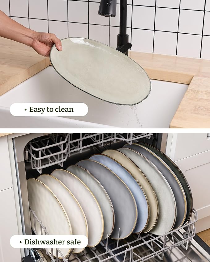 famiware Serving Platter, Oval 15.59/14.3/12.9 inch Serving Dishes for Entertaining, Serving Bowls, Dishwasher Safe, Stonware Serving Trays for Party, Turkey, Cheese, Reactive Glaze, Light khaki