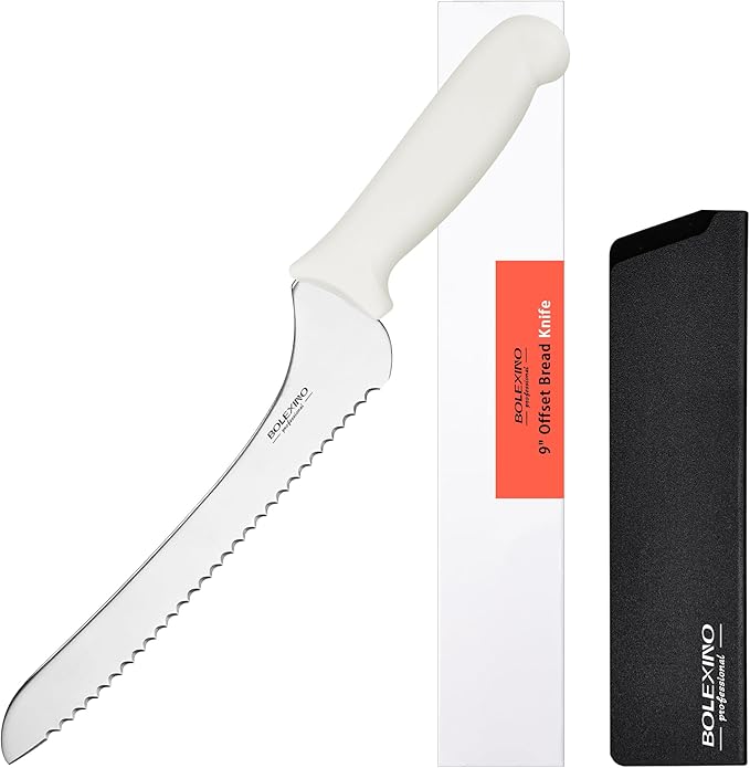 9 Inch White Offset Serrated Bread Knife Wavy Edge knife, High Carbon Stainless Steel Multi-Purpose Kitchen Knife for Homemade Bread, Crusty Breads, Cake, Bagel