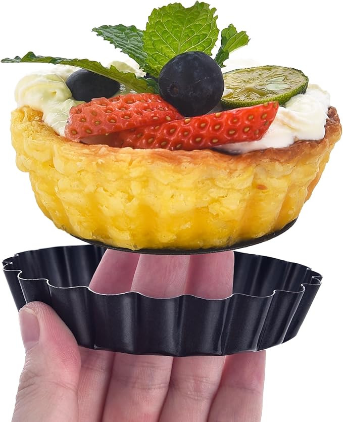 DATANYA Mini Tart Pans Removable Bottom 3 Inch, Carbon Steel Nonstick Quiche Pan Pie Tart Tin Mold, 0.8inches High for Baking Tartlets, Pies, Cakes, Cupcakes - Premium Champagne Gold 12PCS