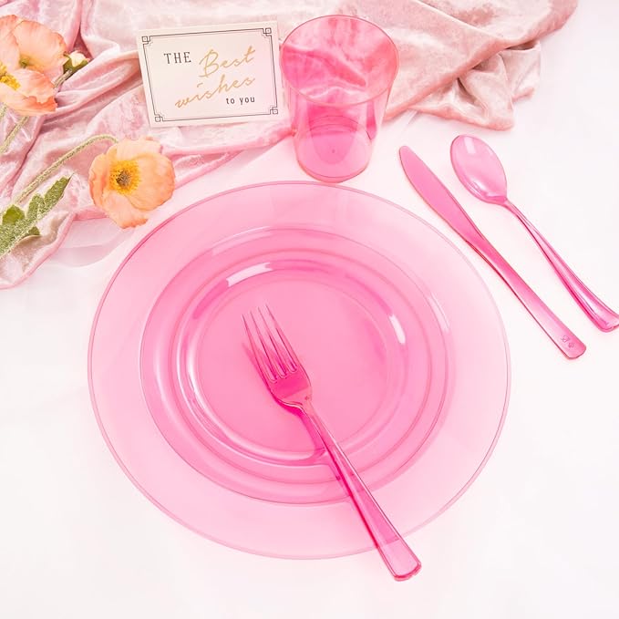 WDF 180 Pieces Pink Plastic Silverware Disposable - Clear Pink Cutlery Sets 60 Forks, 60 Knives and 60 Spoons - Heavy Duty Disposable Utensils for Wedding, Party