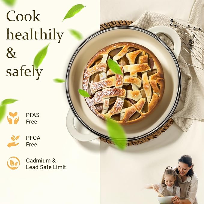 Overmont Enameled Cast Iron Dutch Oven - 4.5QT Pot with Lid Cookbook & Cotton Potholders - Heavy-Duty Cookware for Braising, Stews, Roasting, Bread Baking Cream White