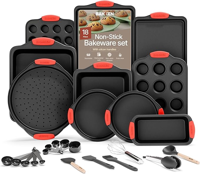BAKKEN Kitchen Baking Pan Set - Nonstick Coating, Carbon Steel Bakeware Sets with Red Silicone Handles, Baking Kitchen Essentials, PFOA, PFOS, PTFE Free, Oven Safe Tray (Up To 450° F), Set of 18