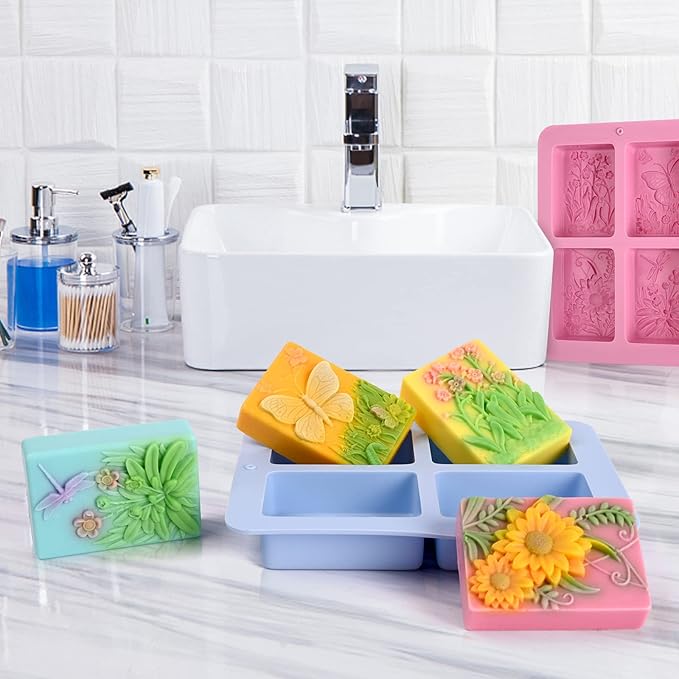 Moukiween Soap Molds Silicone, 3D Rectangular Insect Flower Silicone Molds for Handmade Craft Soap, Bath Bombs, Chocolate Bars, DIY Candle, Polymer Clay Design