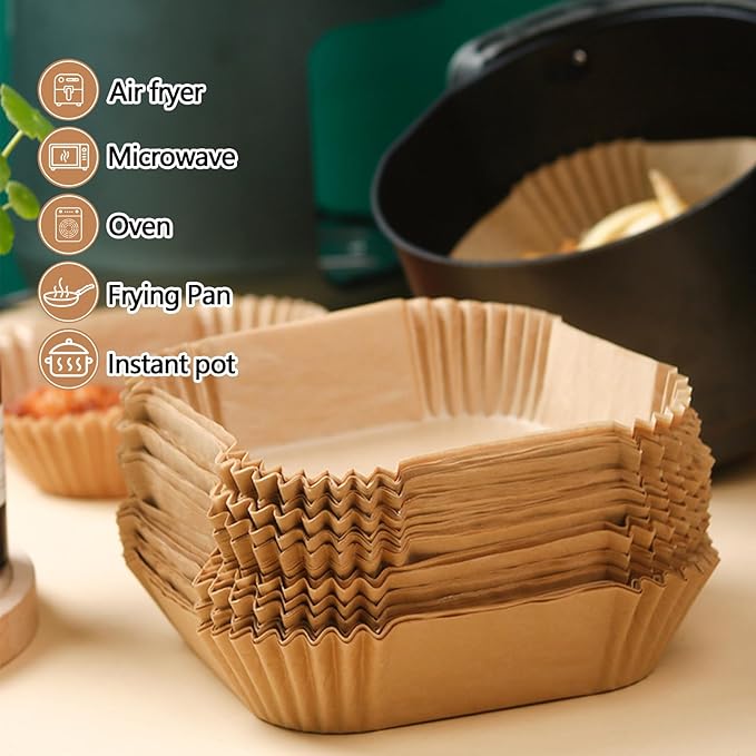 8.5 Inch Air Fryer Liners, 150PCS Non-Stick Air Fryer Paper Liners Disposable, Oil-Proof & High-Temperature Resistant Square Baking Paper for Air Fryer, Microwave, Oven（Bottom Is 7 Inch）