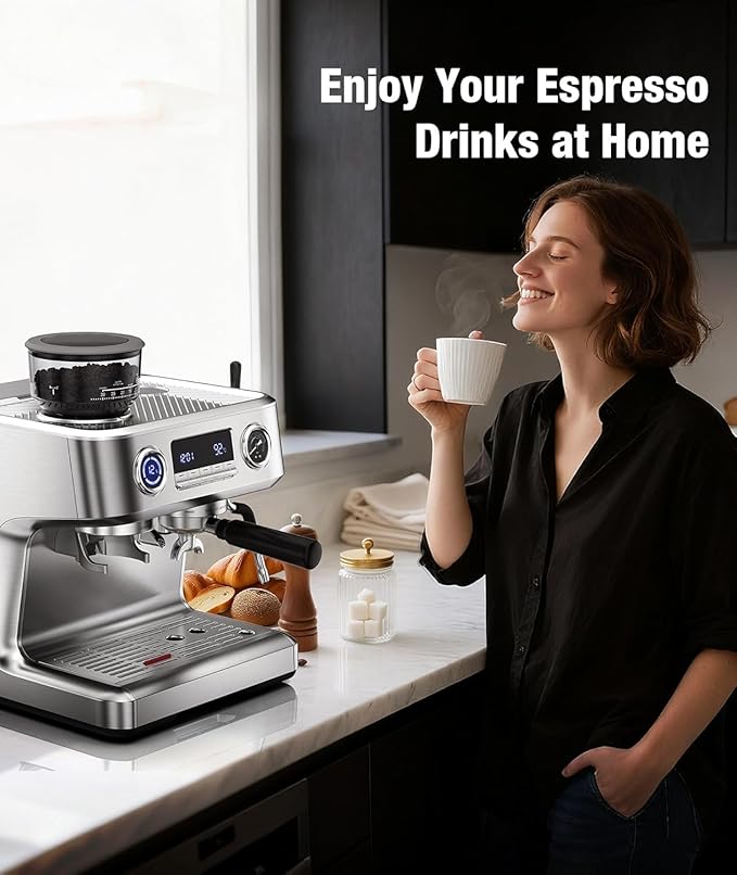 Kndko Double Boiler Espresso Machines with Built-in 30 Grind Settings, 20 Bar Stainless Steel Coffee Maker with Milk Frother Steam Wand, Barista Espresso Maker for Home Cappuccino Latte & Americano
