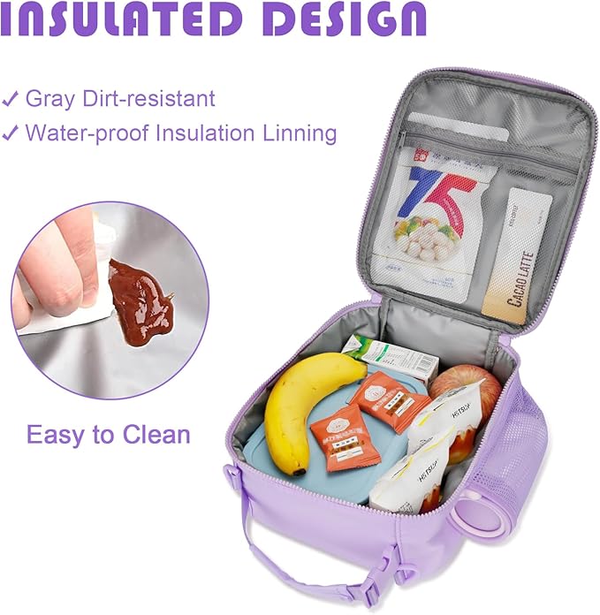 Initial Insulated Lunch Bag for Girls Kids, Back to School Gift, Reusable Leak-proof Lunch Box with Adjustable Strap for School Daycare Travel Picnic (Purple,D)