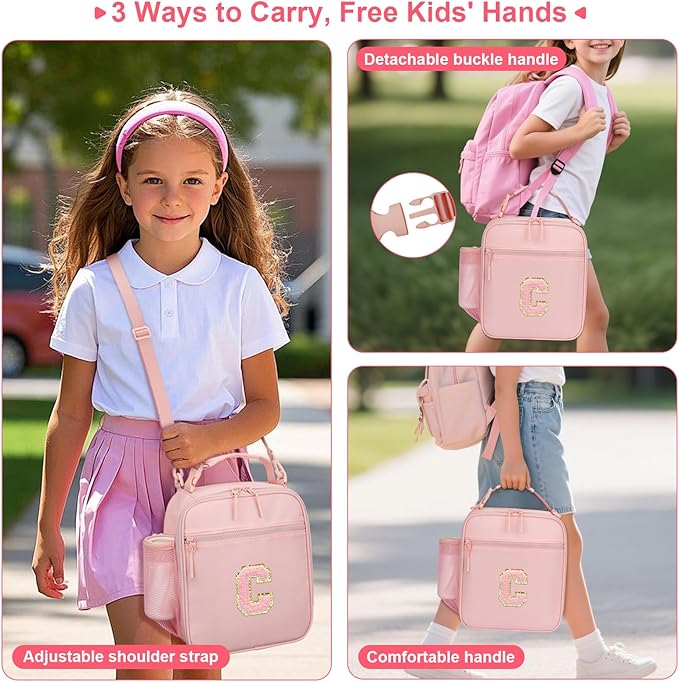 Initial Insulated Lunch Bag for Girls Kids, Back to School Gift, Reusable Leak-proof Lunch Box with Adjustable Strap for School Daycare Travel Picnic (Pink,C)