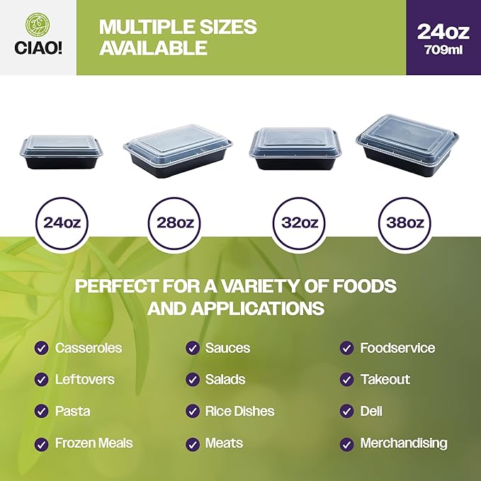 CIAO! Heavy Weight 24oz Injection Molded Microwavable Black Rectangular Food Container With Lid (150/case)