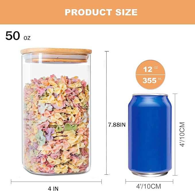 Glass Storage Jars 6 Pack -50oz (10cmx20cm)Clear Glass Food Storage Containers with Airtight Bamboo Lid Stackable Kitchen Canisters for Candy,Cookie,Rice,Sugar,Flour,Pasta,Nuts and Spice Jars(Square)